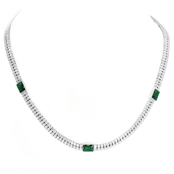 Ασημένιο εντυπωσιακό κολιέ-τσόκερ με λευκές και πράσινες πέτρες ζιργκόν