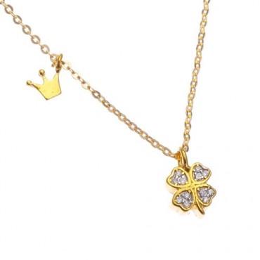 Ασημένιο επίχρυσο κολιέ με τετράφυλλο τριφύλλι και κορώνα στην αλυσίδα 