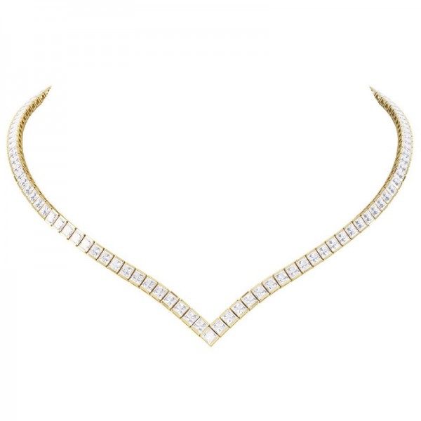 Ασημένιο επίχρυσο κολιέ - ριβιέρα με "V" διακοσμημένο με πέτρες ζιργκόν