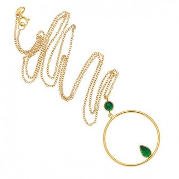 Ασημένιο και επιχρυσωμένο μακρύ κολιέ με πέτρες σμαραγδί