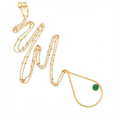 Ασημένιο επίχρυσο μακρύ κολιέ με πράσινη πέτρα