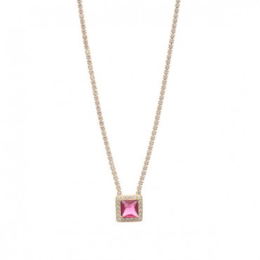 Ασημένιο και επιχρυσωμένο κολιέ ριβιέρα με κόκκινη τετράγωνη πέτρα 