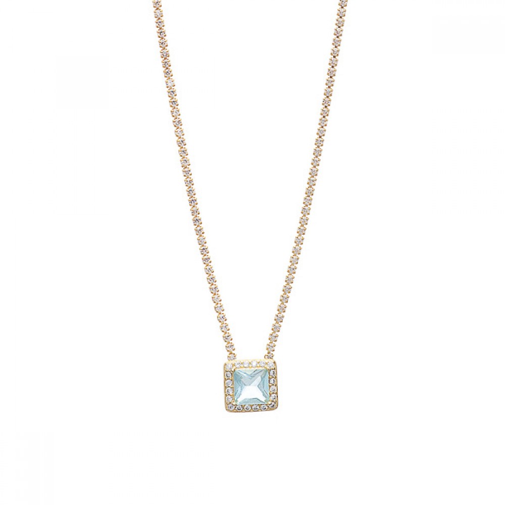 Ασημένιο και επιχρυσωμένο κολιέ ριβιέρα με τετράγωνη πέτρα aqua marine Ασημένιο και επιχρυσωμένο κολιέ ριβιέρα με τετράγωνη πέτρα aqua marine