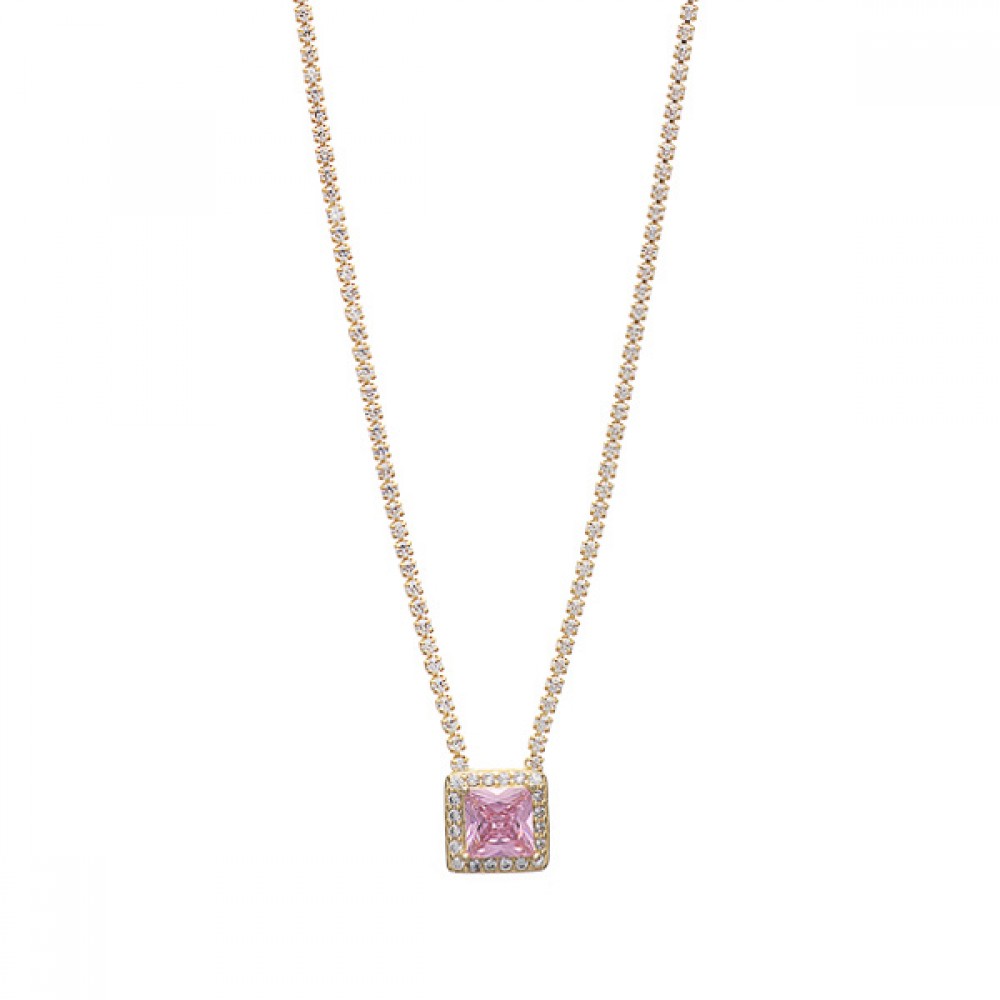 Ασημένιο και επιχρυσωμένο κολιέ ριβιέρα με τετράγωνη ροζ πέτρα Ασημένιο και επιχρυσωμένο κολιέ ριβιέρα με τετράγωνη ροζ πέτρα