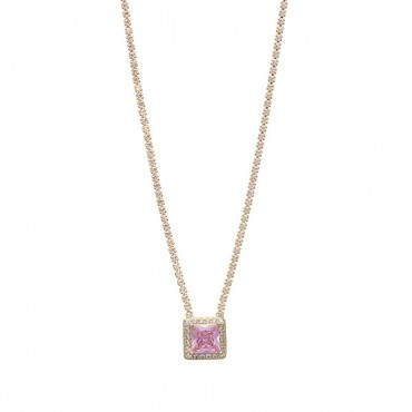 Ασημένιο και επιχρυσωμένο κολιέ ριβιέρα με τετράγωνη ροζ πέτρα 