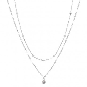 Ασημένιο κολιέ με διπλή αλυσίδα και μικρή λευκή πέτρα ζιργκόν