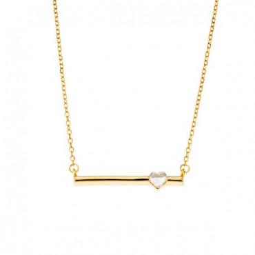 Ασημένιο και επίχρυσο κολιέ με "μπάρα" και μικρή καρδιά ζιργκόν στο πλάι