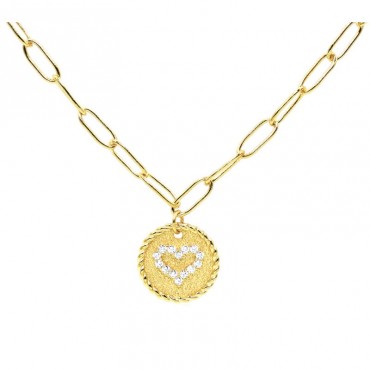 Ασημένιο και επιχρυσωμένο κολιέ με φαρδιά αλυσίδα και καρδιά 