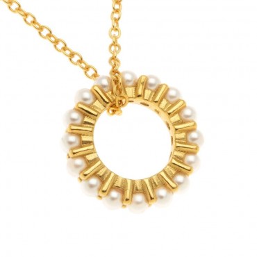 Ασημένιο και επιχρυσωμένο κολιέ - ροδέλα με μικρές λευκές πέρλες 