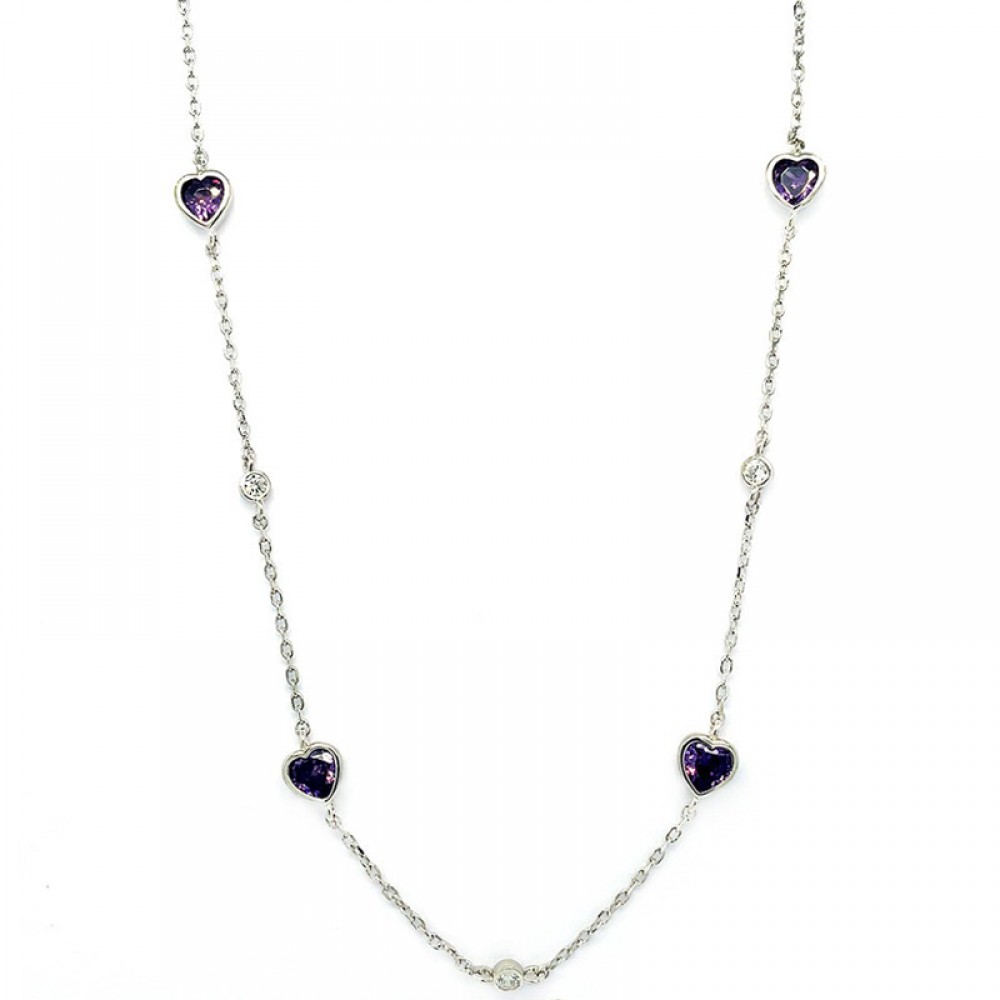 Ασημένια αλυσίδα με καρδιές από αμέθυστο και μικρές πέτρες ζιργκόν σε λευκό χρώμα Ασημένια αλυσίδα με καρδιές από αμέθυστο και μικρές πέτρες ζιργκόν σε λευκό χρώμα
