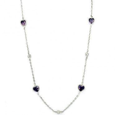 Ασημένια αλυσίδα με καρδιές από αμέθυστο και μικρές πέτρες ζιργκόν σε λευκό χρώμα Ασημένια αλυσίδα με καρδιές από αμέθυστο και μικρές πέτρες ζιργκόν σε λευκό χρώμα
