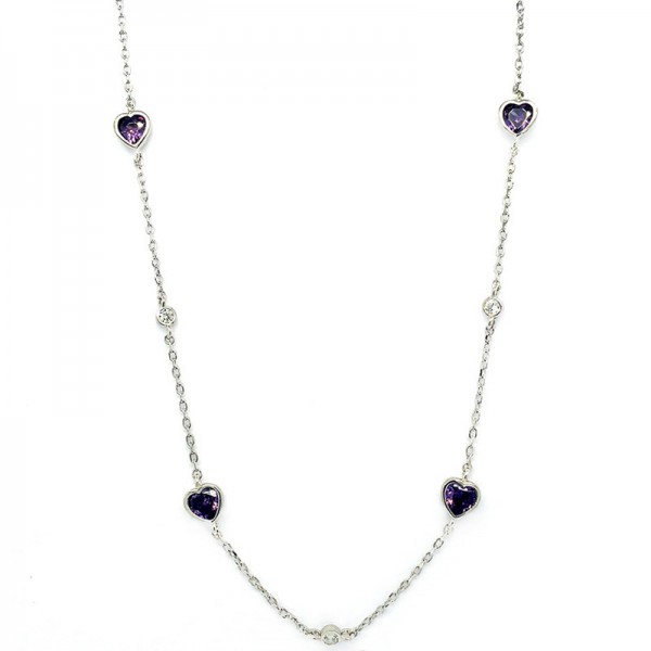 Ασημένια αλυσίδα με καρδιές από αμέθυστο και μικρές πέτρες ζιργκόν σε λευκό χρώμα 