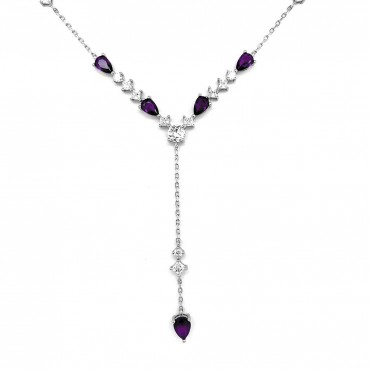 Ασημένιο κολιέ τύπου "γραβάτα" με πέτρες ζιργκόν και αμέθυστου 