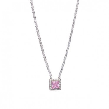 Ασημένιο κολιέ ριβιέρα με ροζ τετράγωνη πέτρα