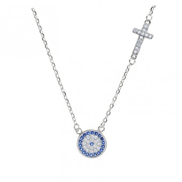 Ασημένιο κολιέ με μάτι και σταυρό