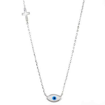 Ασημένιο κολιέ με μάτι και σταυρό 