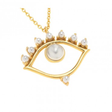 Ασημένιο και επιχρυσωμένο κολιέ με μάτι και μαργαριτάρια 