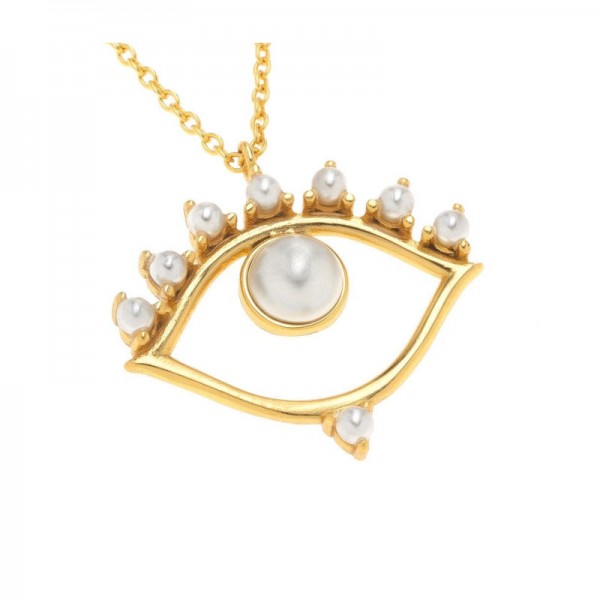 Ασημένιο και επιχρυσωμένο κολιέ με μάτι και μαργαριτάρια 