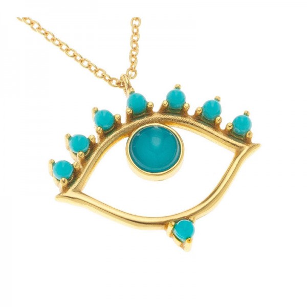 Ασημένιο και επίχρυσο κολιέ με μάτι και πέτρες τιρκουάζ 