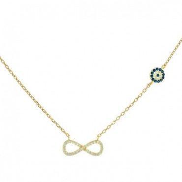 Ασημένιο και επιχρυσωμένο κολιέ με το άπειρο και ματάκι 