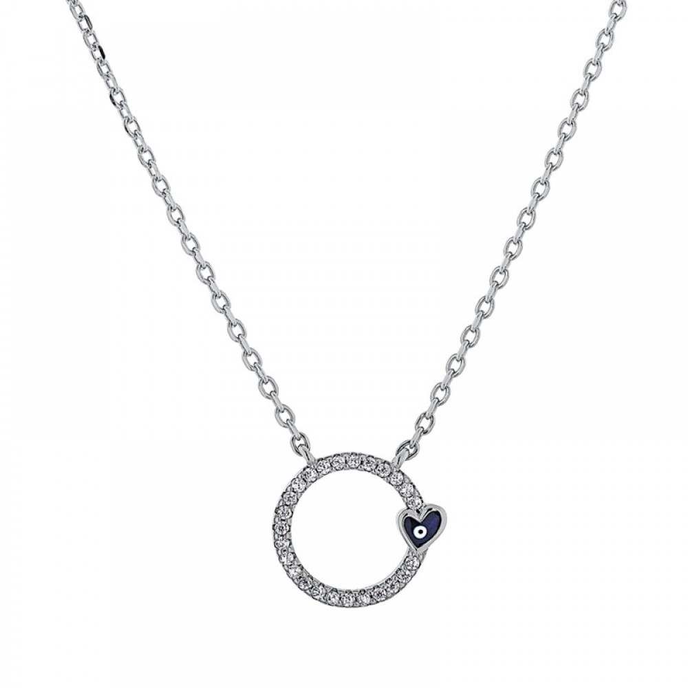 Ασημένιο κολιέ με κύκλο από λευκές πέτρες ζιργκόν και μικρό μάτι καρδιά Ασημένιο κολιέ με κύκλο από λευκές πέτρες ζιργκόν και μικρό μάτι καρδιά