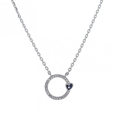 Ασημένιο κολιέ με κύκλο από λευκές πέτρες ζιργκόν και μικρό μάτι καρδιά 