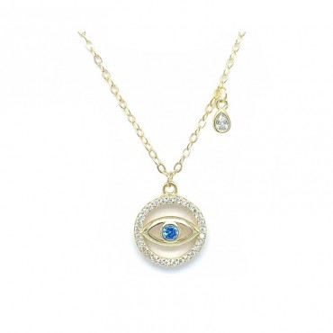 Ασημένιο και επιχρυσωμένο κολιέ με μάτι και πέτρα aqua-marine