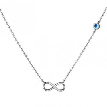 Ασημένιο κολιέ με το άπειρο και μάτι στην αλυσίδα 