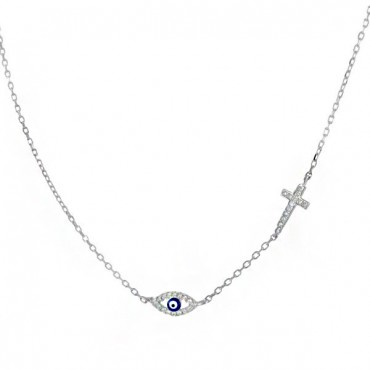 Ασημένιο κολιέ με μάτι και σταυρό 