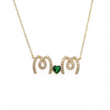 Ασημένιο και επιχρυσωμένο κολιέ με τη λέξη "Mum" και πράσινη καρδιά 