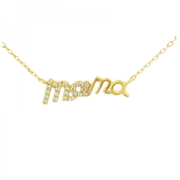 Ασημένιο επίχρυσο κολιέ "Μαμά" με πέτρες ζιργκόν