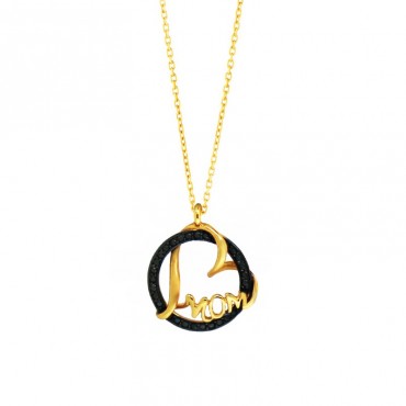 Ασημένιο με επιχρύσωση 24Κ κολιέ με κύκλο και καρδιά που γράφει "mom" 