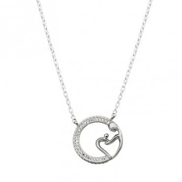 Ασημένιο κολιέ "Μαμά αγκαλιά με μωρό" σχηματίζουν καρδιά μέσα σε κύκλο