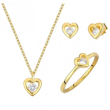 Ασημένιο και επιχρυσωμένο διακριτικό σετ (κολιέ - σκουλαρίκια - δαχτυλίδι) με σχήμα καρδιά 