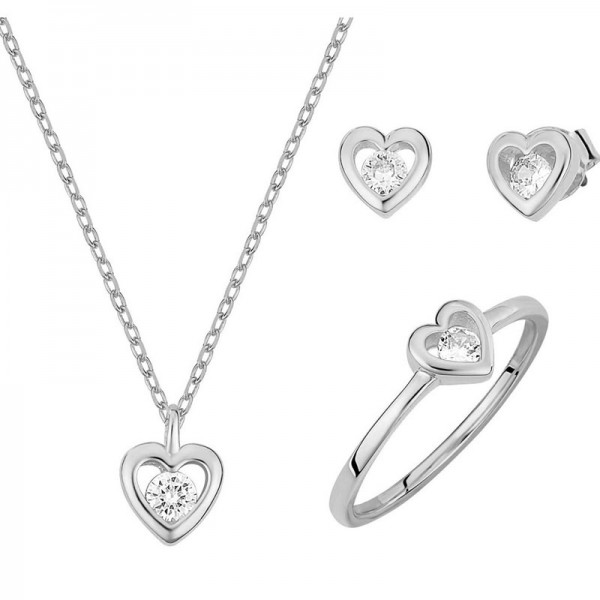 Ασημένιο διακριτικό σετ με σχήμα καρδιά (κολιέ - δαχτυλίδι - σκουλαρίκια)