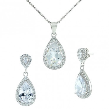 Εντυπωσιακό ασημένιο σετ (κολιέ - σκουλαρίκια) με πέτρες ζιργκόν σε λευκό χρώμα 