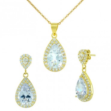 Ασημένιο και επιχρυσωμένο σετ (κολιέ - σκουλαρίκια) με πέτρες ζιργκόν σε λευκό χρώμα 