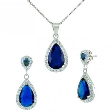 Ασημένιο εντυπωσιακό σετ (κολιέ - σκουλαρίκια) με πέτρες ζιργκόν σε μπλε και λευκό χρώμα 