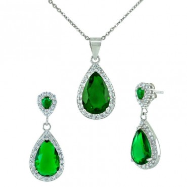 Ασημένιο εντυπωσιακό σετ (κολιέ - σκουλαρίκια) με πέτρες ζιργκόν σε πράσινο και λευκό χρώμα 