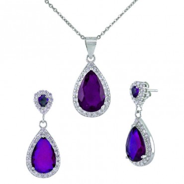 Ασημένιο εντυπωσιακό σετ (κολιέ - σκουλαρίκια) με πέτρες αμέθυστου και λευκά ζιργκόν 