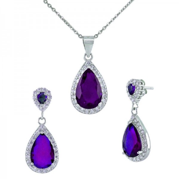 Ασημένιο εντυπωσιακό σετ (κολιέ - σκουλαρίκια) με πέτρες αμέθυστου και λευκά ζιργκόν 