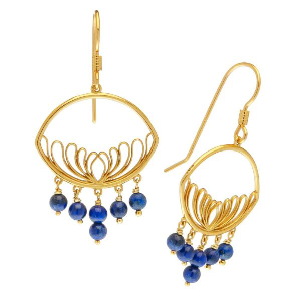 Ασημένια και επιχρυσωμένα κρεμαστά σκουλαρίκια με ημιπολύτιμες πέτρες λάπις λάζουλι