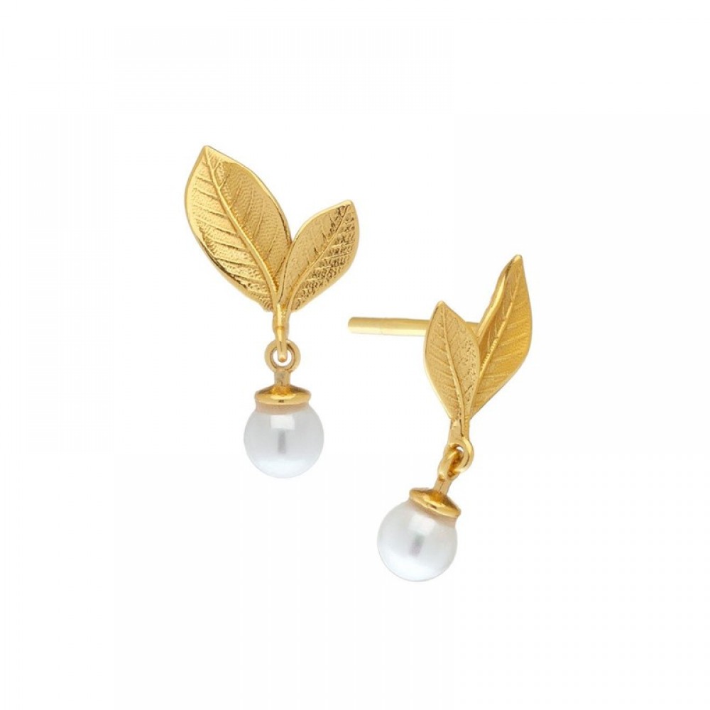 Ασημένια επίχρυσα κουμπωτά σκουλαρίκια με φύλλο και κρεμαστή πέρλα Ασημένια επίχρυσα κουμπωτά σκουλαρίκια με φύλλο και κρεμαστή πέρλα