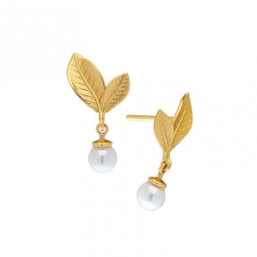Ασημένια επίχρυσα κουμπωτά σκουλαρίκια με φύλλο και κρεμαστή πέρλα 