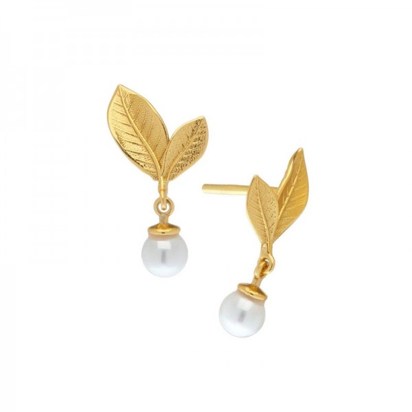 Ασημένια επίχρυσα κουμπωτά σκουλαρίκια με φύλλο και κρεμαστή πέρλα 
