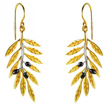 Ασημένια σκουλαρίκια με κρεμαστό κλαδί ελιάς , χειροποίητα με επιχρύσωση 24Κ