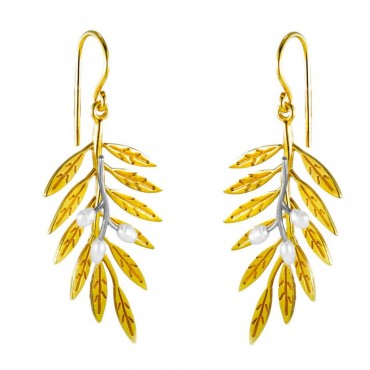 Ασημένια με επιχρύσωση 24Κ χειροποίητα σκουλαρίκια με κλαδί ελιάς