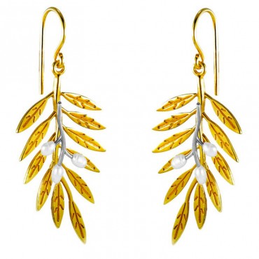 Ασημένια με επιχρύσωση 24Κ χειροποίητα σκουλαρίκια με κλαδί ελιάς