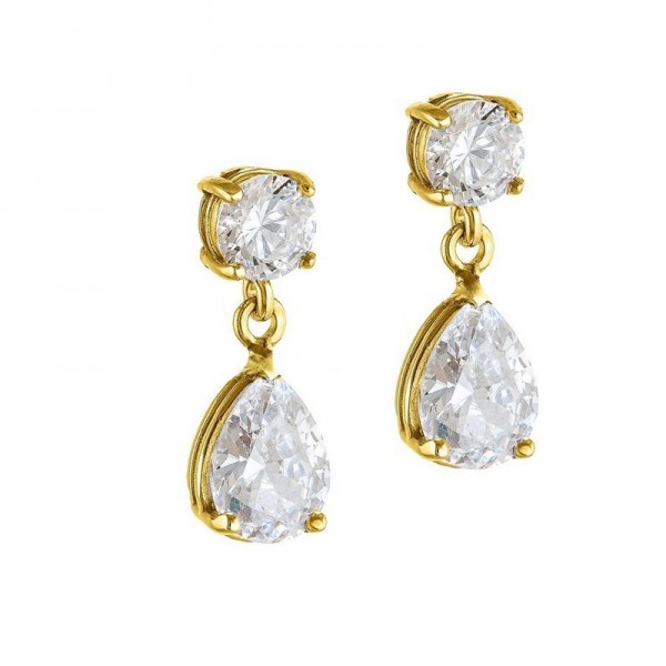 Ασημένια και επιχρυσωμένα κουμπωτά σκουλαρίκια με πέτρες ζιργκόν σε λευκό χρώμα 