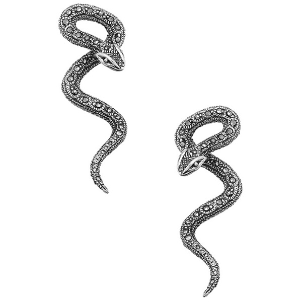 Ασημένια κουμπωτά σκουλαρίκια με σχήμα φιδιού και πέτρες μαρκασίτη